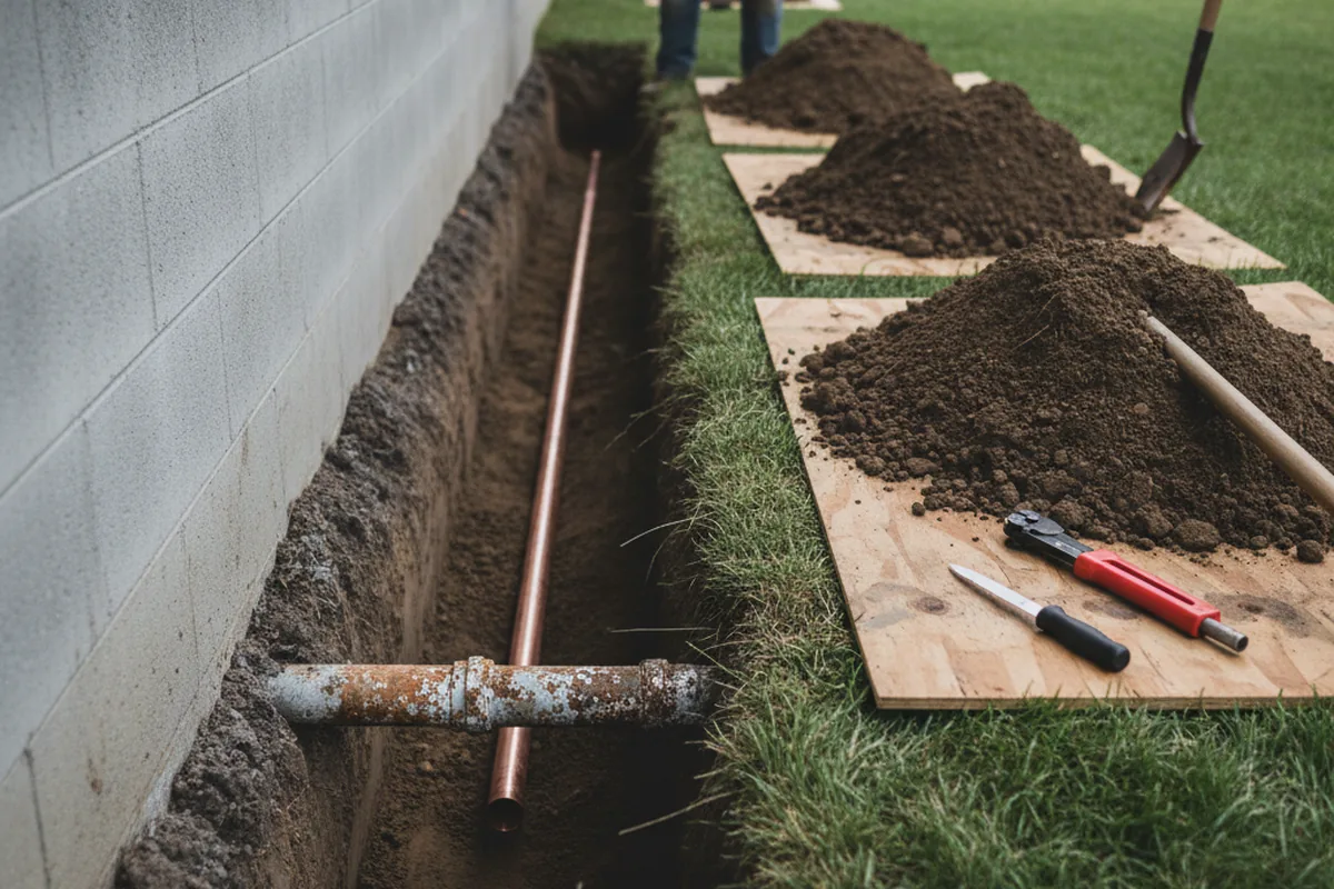 Excavated water line trench during Water Softener Installation in Avilla